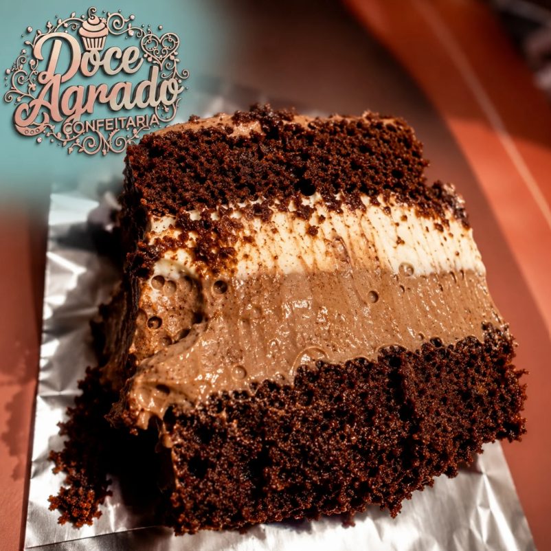 Fatia de bolo de chocolate cremoso da Doce Agrado